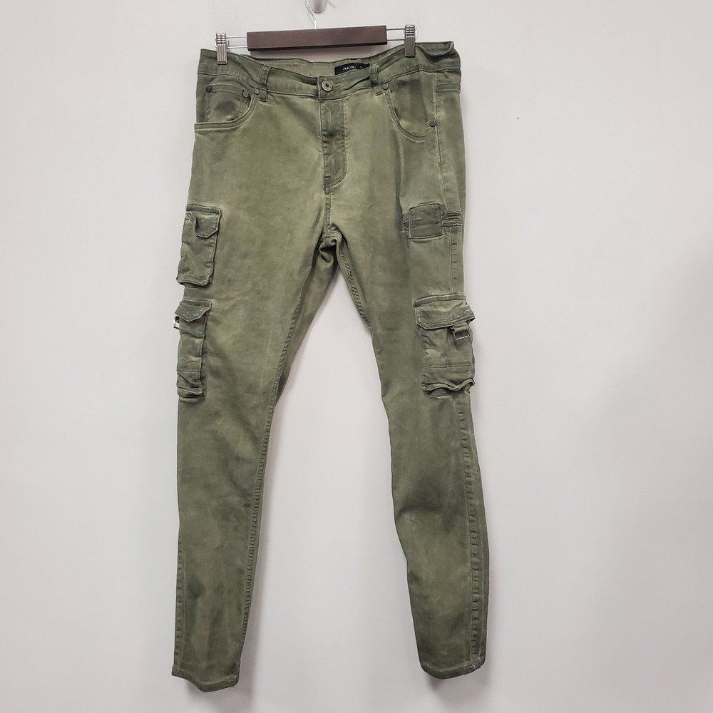 Serenade Mens Grunge Cargo Jeans Size 36 Green Utility Dexter Military Distress